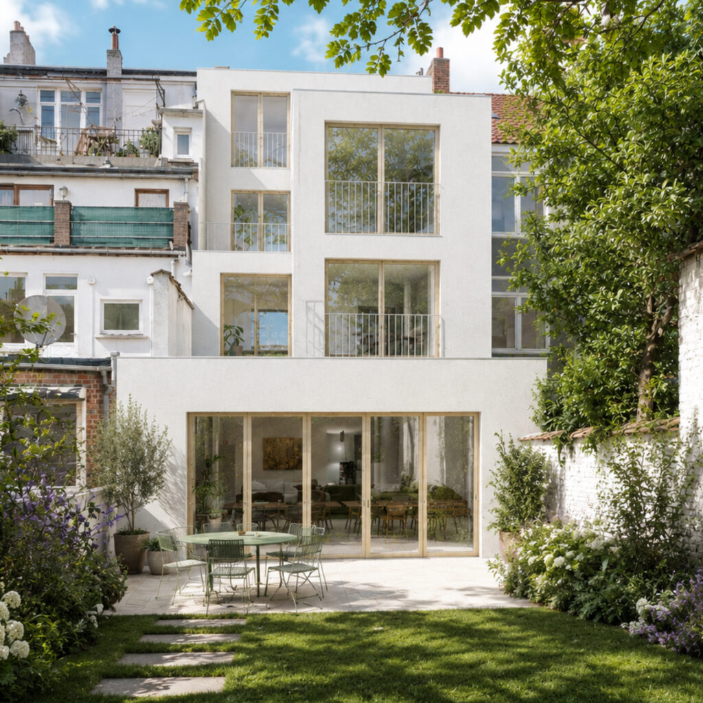 Façade arrière redessinée et extension vitrée ouverte sur le jardin, duplex à Anderlecht