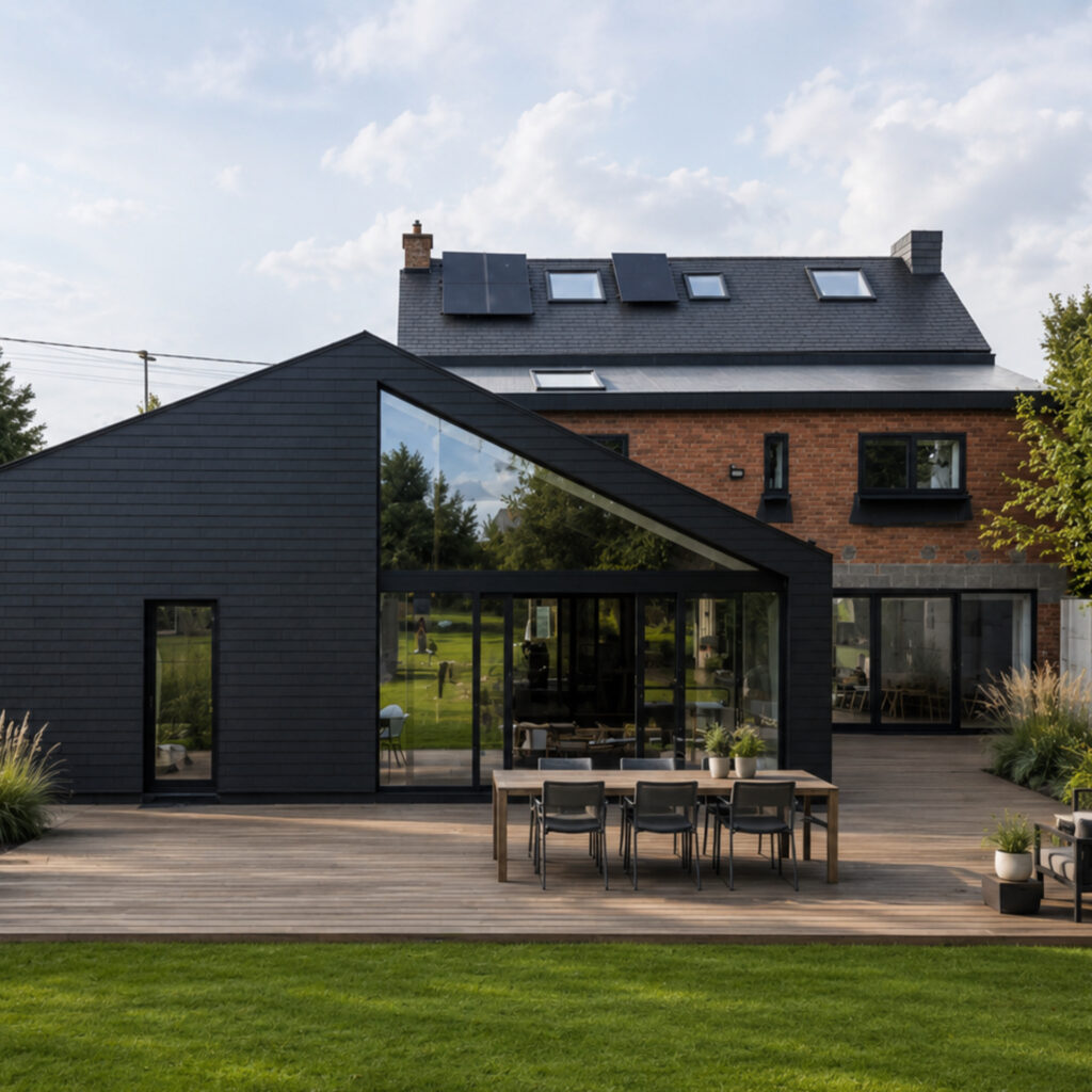 Extension contemporaine à toiture inclinée et terrasse, maison médicale à Bouge