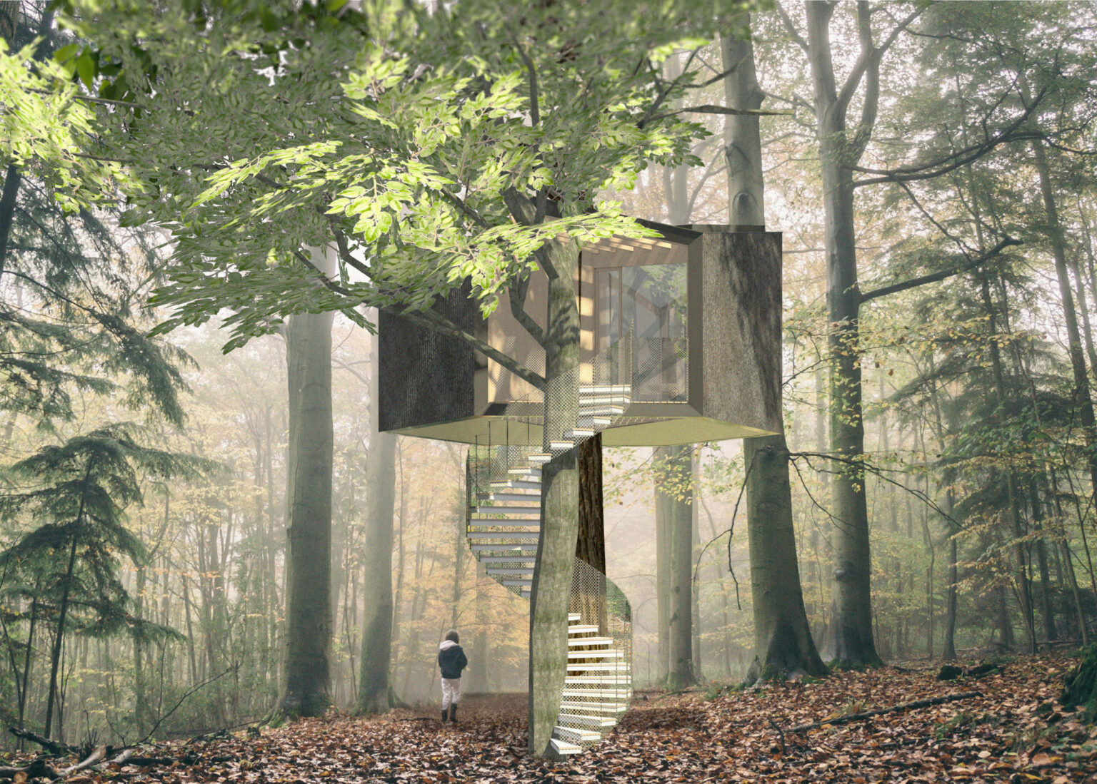 Cabane perchée dans les arbres avec escalier hélicoïdal, village écologique Ekwu