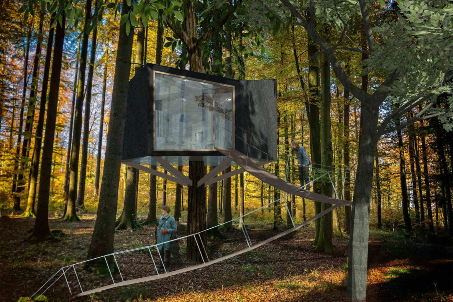 Cabane perchée en bois brûlé reliée par une passerelle suspendue, projet Ekwu