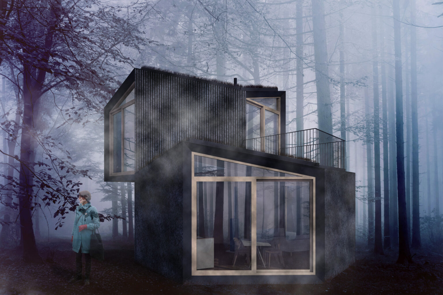 Cabane superposée en bois brûlé avec terrasse en surplomb dans la brume, Ekwu