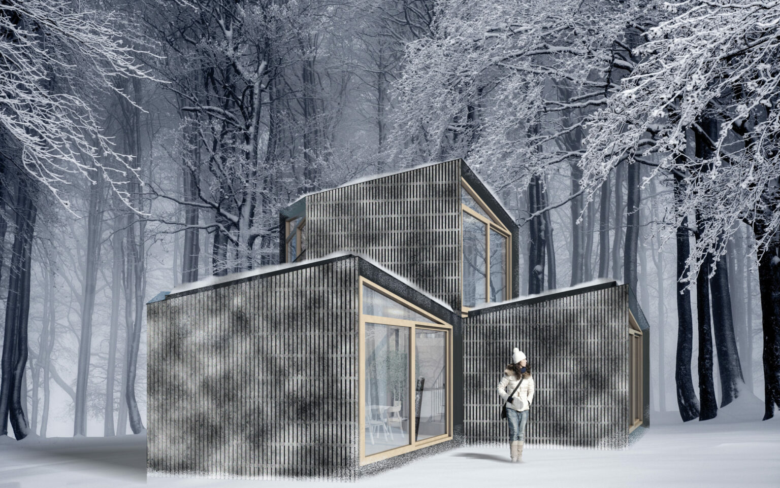 Cabanes hexagonales en bois brûlé sous la neige, projet Ekwu en Condroz