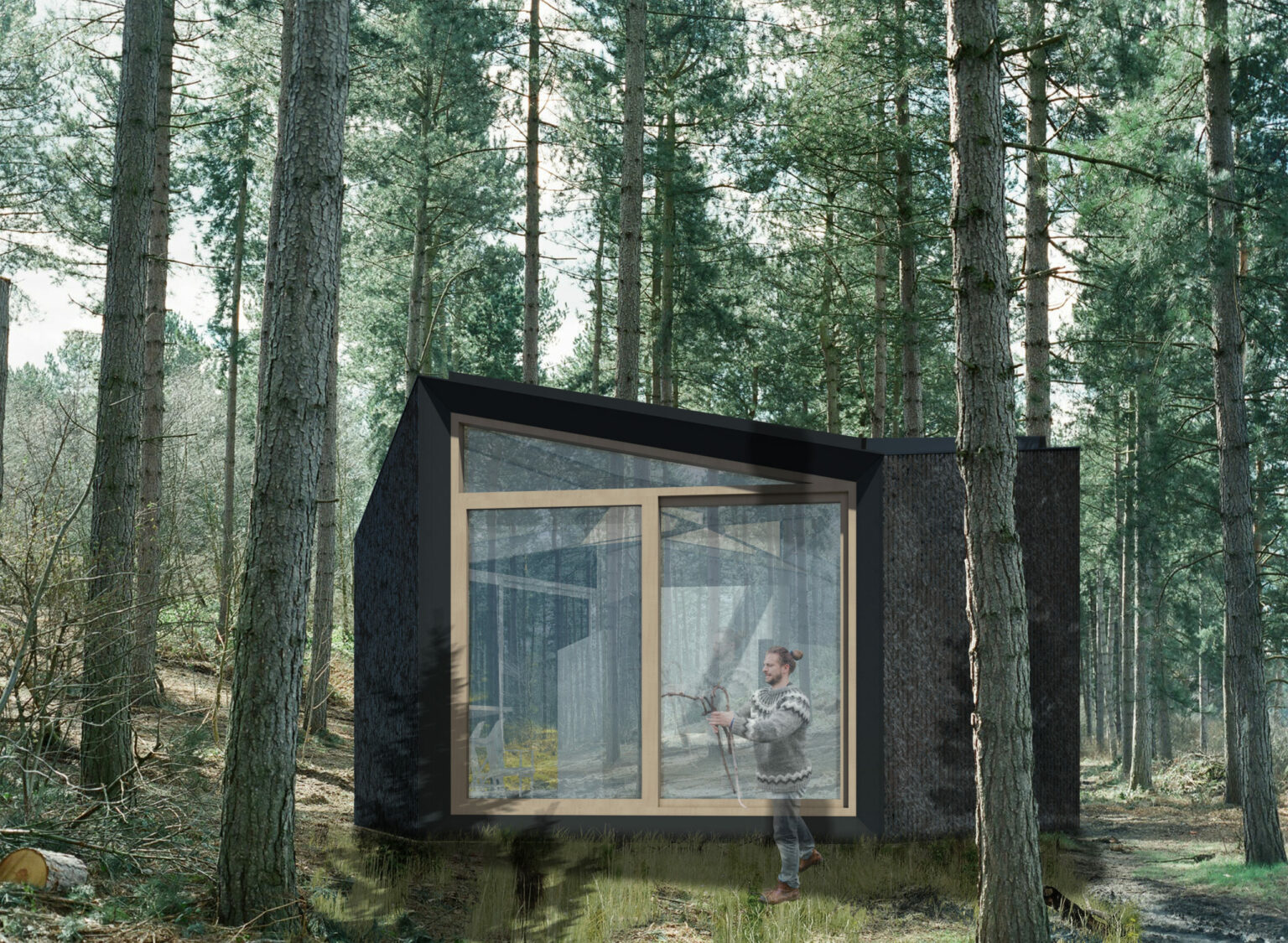 Module hexagonal en bois brûlé noir largement vitré au cœur de la forêt, Ekwu