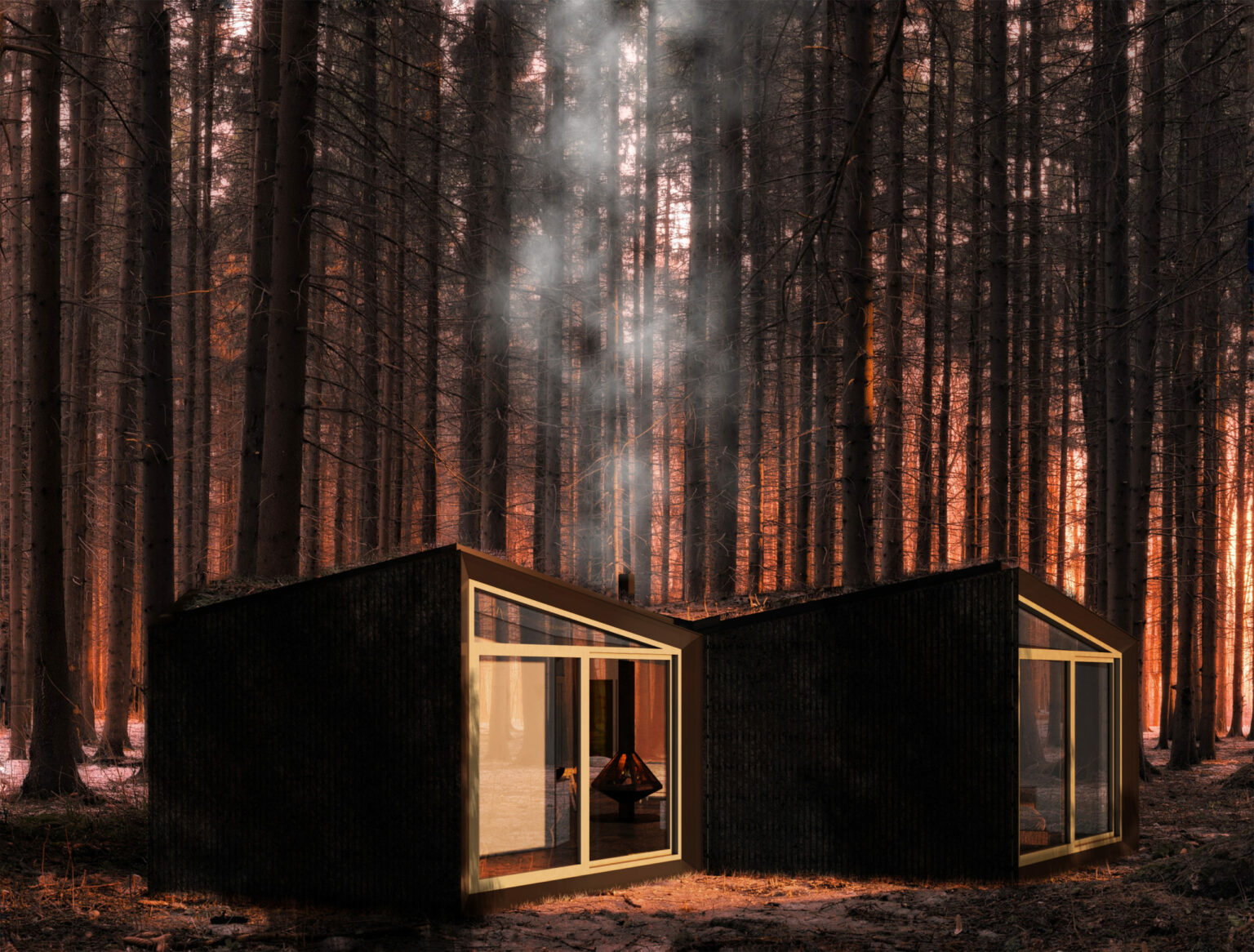 Deux modules en bois brûlé noir avec cheminée fumante en forêt, projet Ekwu