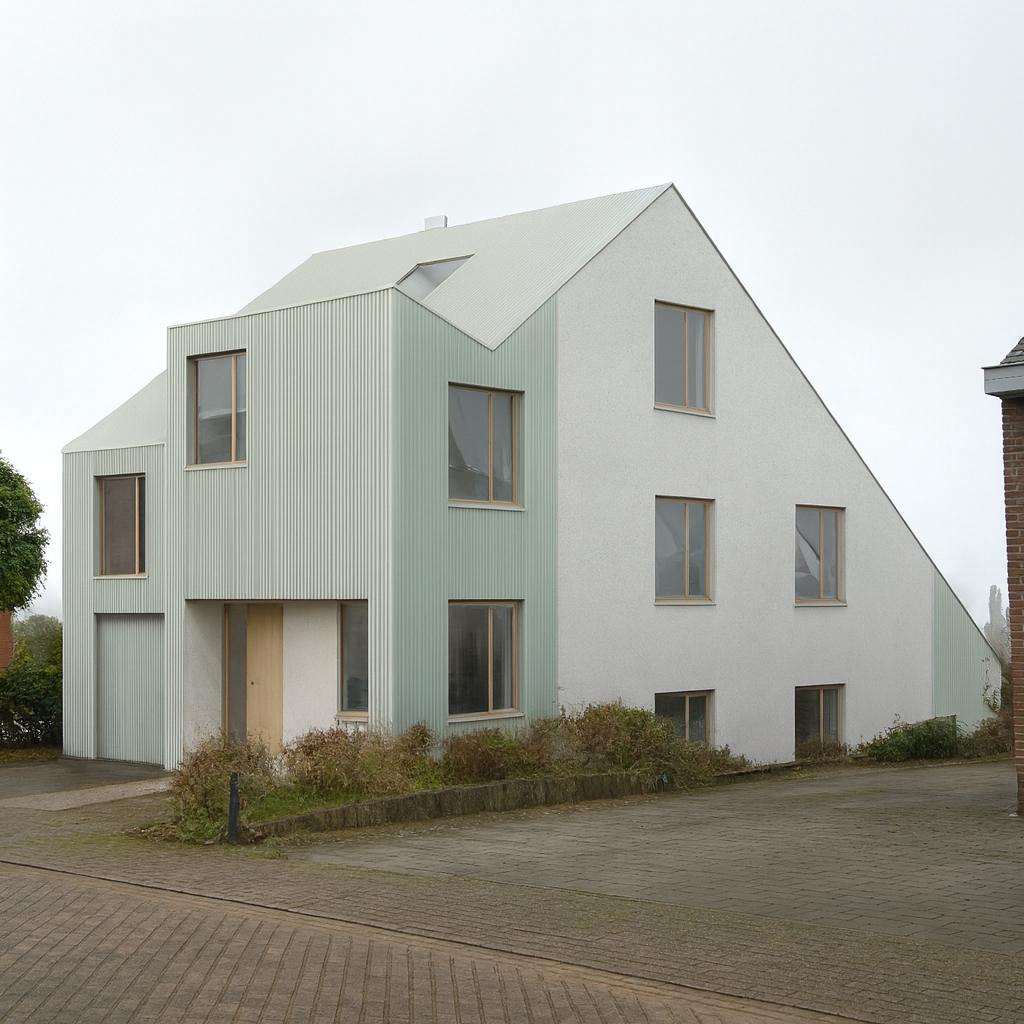 Maison des années 80 transformée avec un bardage en tôle ondulée vert d'eau, Dilbeek
