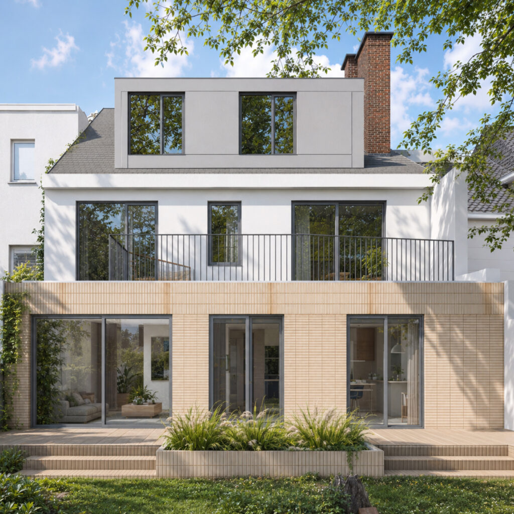 Rénovation complète de la façade arrière et des terrasses, immeuble Lefever à Auderghem