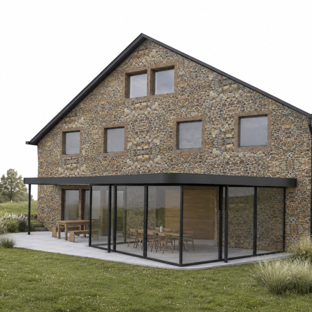Grange ardennaise en pierre du pays prolongée d'une extension vitrée contemporaine, Vecmont
