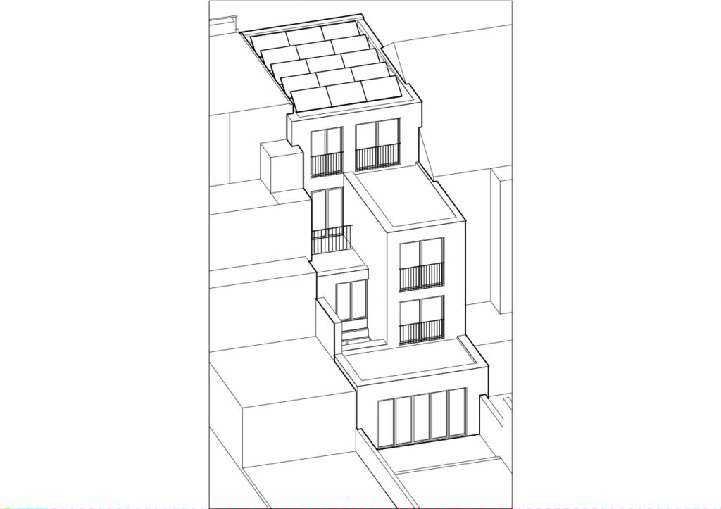 Axonométrie de l'immeuble transformé en deux duplex avec panneaux solaires, Anderlecht