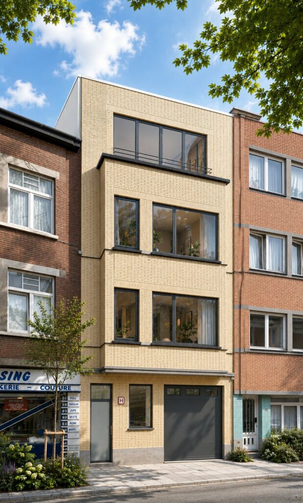 Façade à rue en brique claire de l'immeuble rénové à Anderlecht
