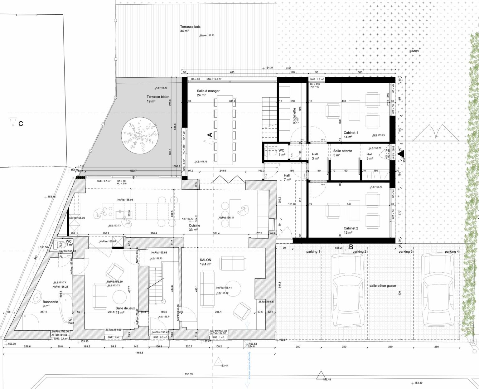Plan d'aménagement de l'extension, des bureaux et de la salle à manger, maison médicale à Bouge