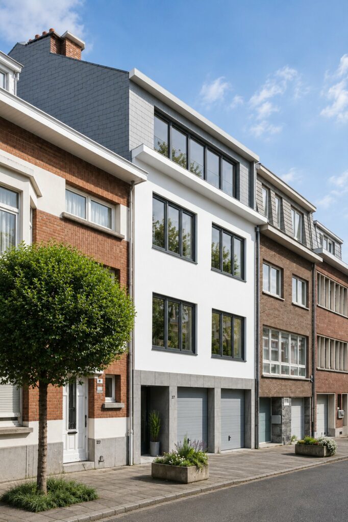Façade à rue rénovée de l'immeuble d'appartements des années 60 à Auderghem