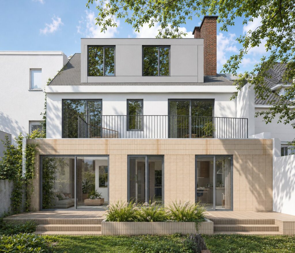 Façade arrière rénovée en brique beige et enduit clair avec terrasses, immeuble Lefever